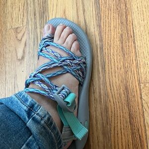 Gray and Blue Strappy Sandals chaco trail